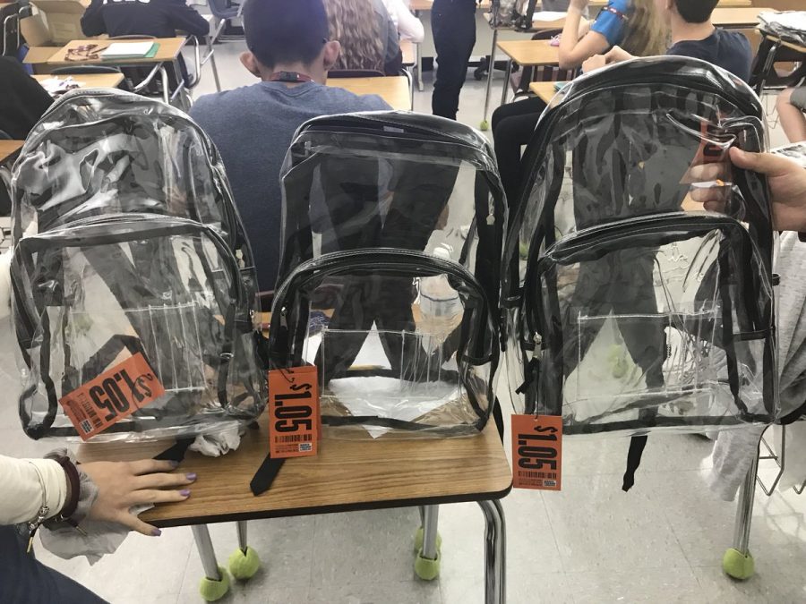 The clear backpacks distributed at Marjory Stoneman Douglas High School, photo taken by Sarah Chadwick and posted on her twitter (@sarahchadwickk)