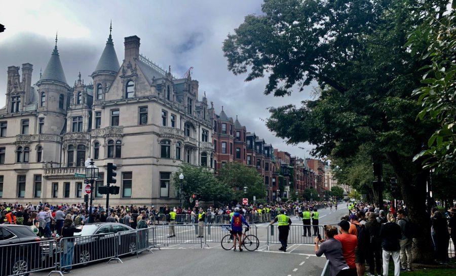 Runners approaching one of last legs of the marathon.